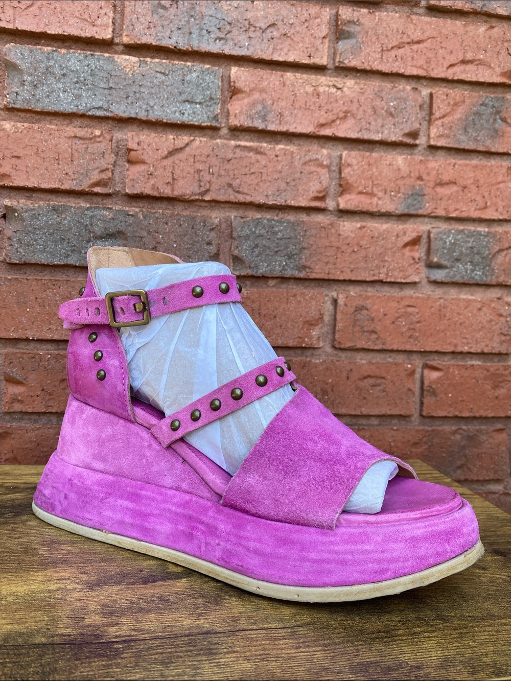 A.S.98 Pink Suede Platform Sandal with Stud Detail 40